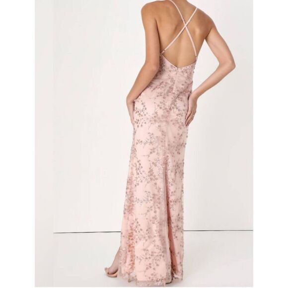 NWT Lulus Dress Women's Medium Blissful Blossoms Blush Pink Sequin Backless Maxi - Picture 3 of 7